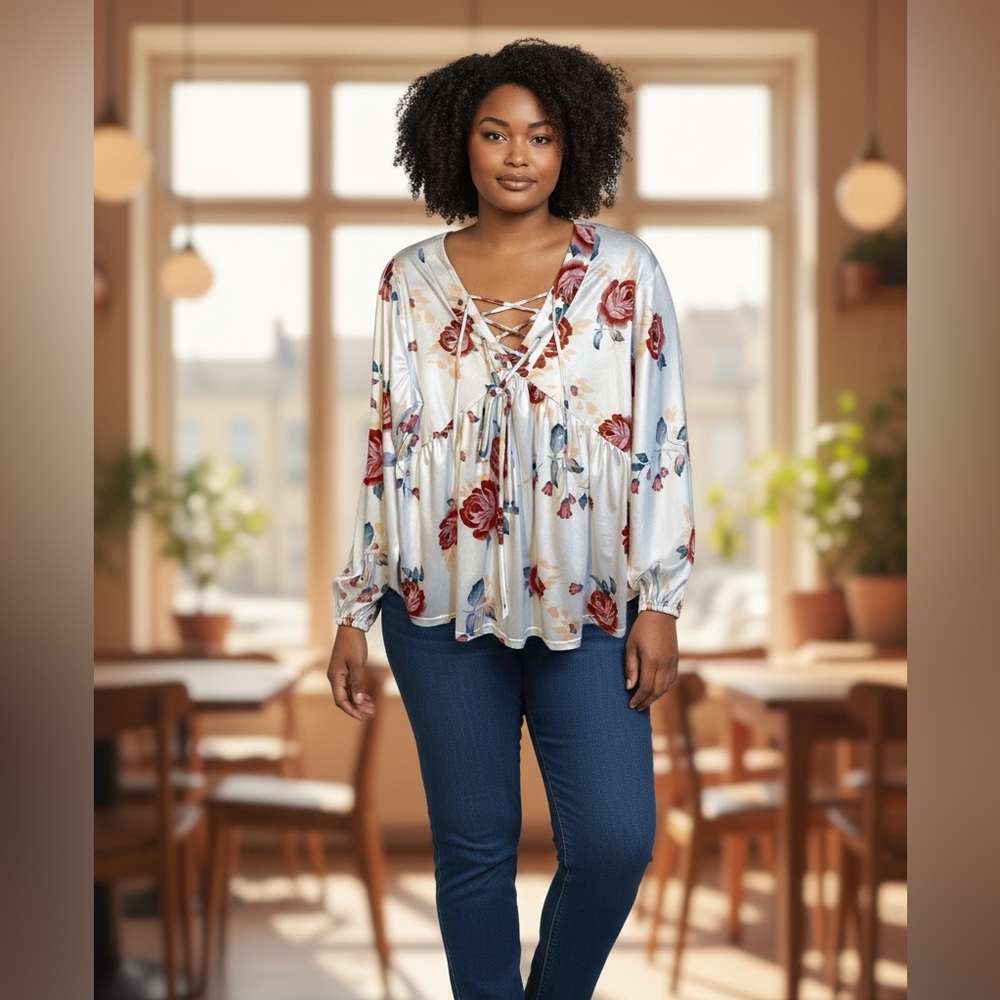 Blue Time womens floral top XL lace up neckline polyester machine wash NEW